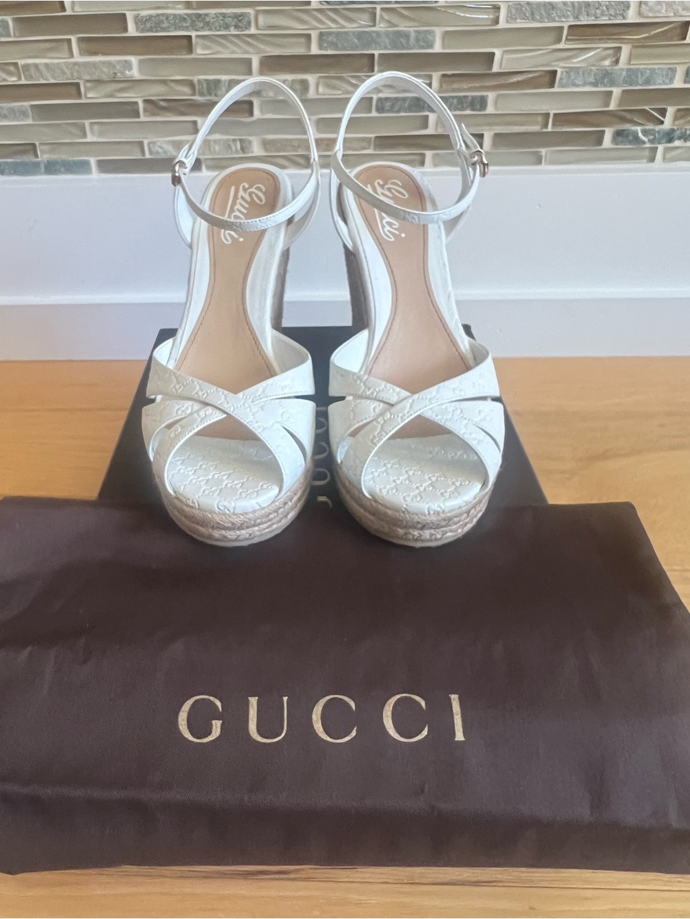 Gucci White Espadrille Wedge Sandals with Cross Straps and Ankle Buckle